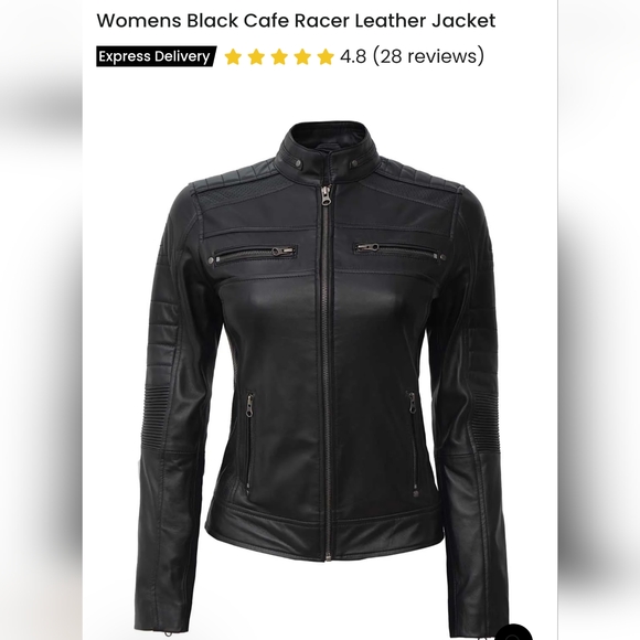 Women's Black Cafe Racer Leather Jacket - Picture 4 of 8